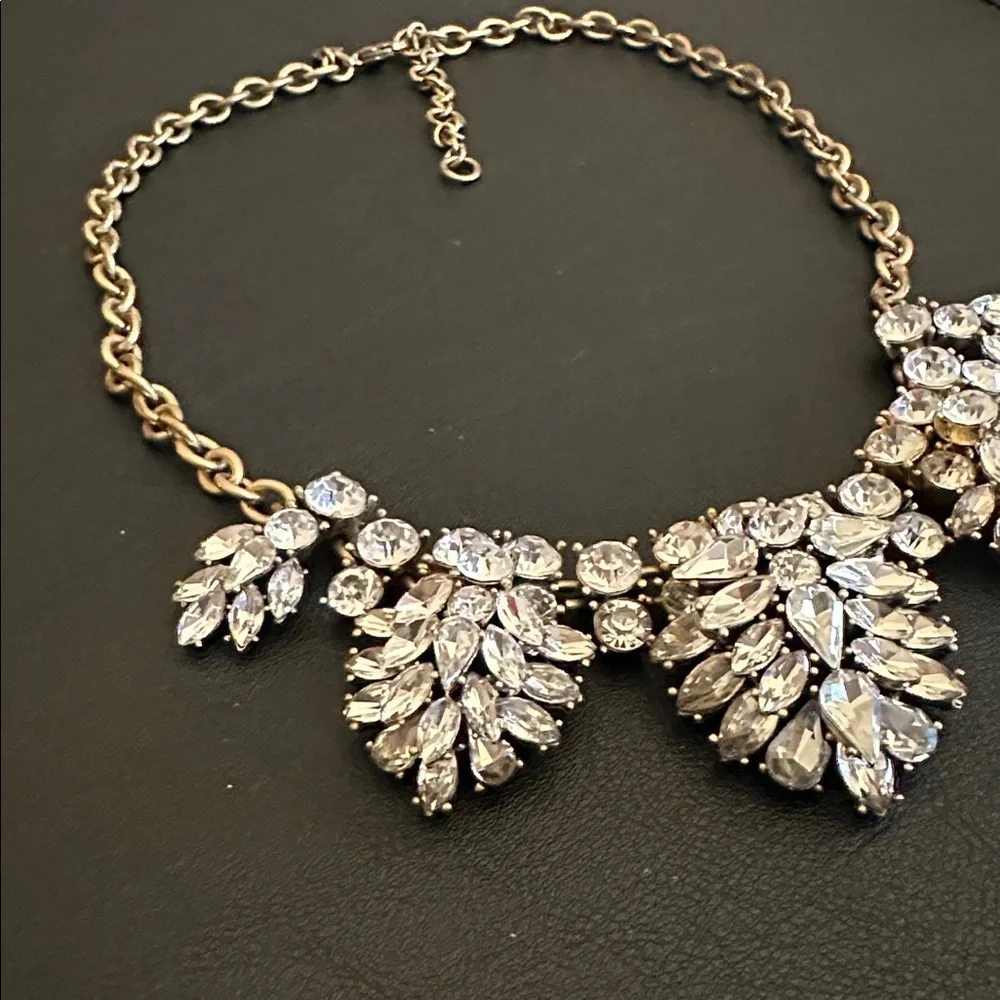 J Crew Vintage White Crystal Cluster Antique Gold Tone Statement Bib Necklace